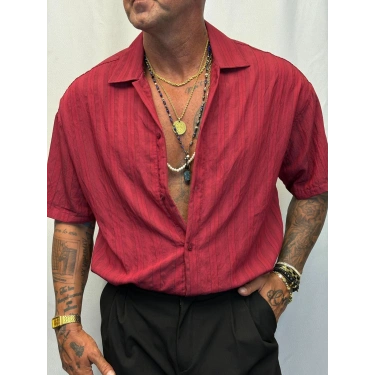 Modal Kısa Kol Çizgili Gömlek Kırmızı