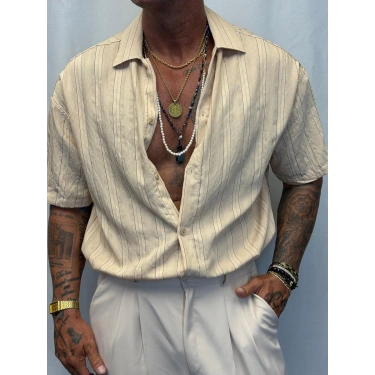 Modal Kısa Kol Çizgili Gömlek Krem