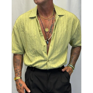 Modal Kısa Kol Çizgili Gömlek Yeşil