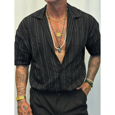 Modal Kısa Kol Çizgili Gömlek Siyah