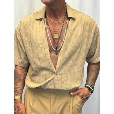 Modal Kısa Kol Çizgili Gömlek Bej