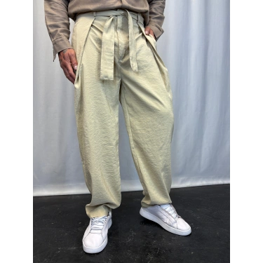 Modal Kumaş Geniş Pileli Pantolon Bej