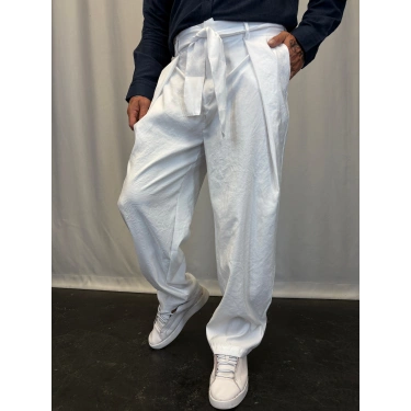 Modal Kumaş Geniş Pileli Pantolon Beyaz