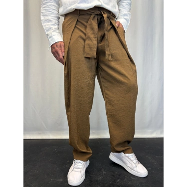 Modal Kumaş Geniş Pileli Pantolon Kahve