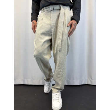 Modal Pileli Kuşaklı Pantolon Bej