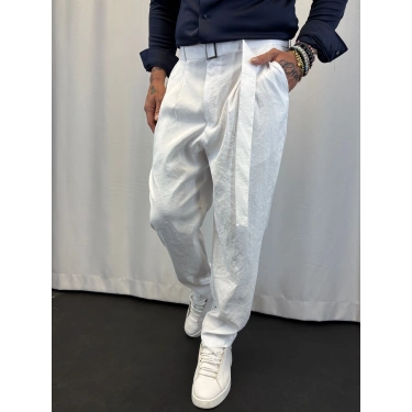 Modal Pileli Kuşaklı Pantolon Beyaz