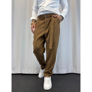 Modal Pileli Kuşaklı Pantolon Kahve