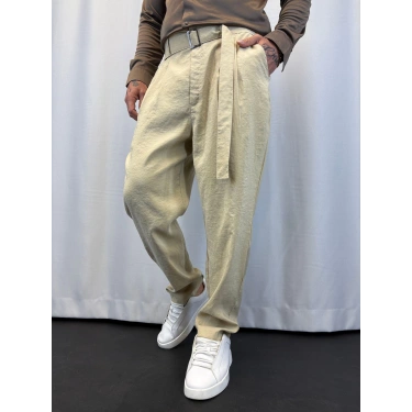 Modal Pileli Kuşaklı Pantolon Krem