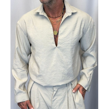 Modal V Yaka Uzun Kol Gömlek Bej