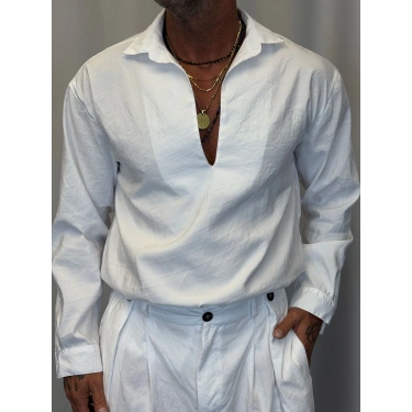 Modal V Yaka Uzun Kol Gömlek Beyaz