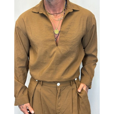 Modal V Yaka Uzun Kol Gömlek Kahve