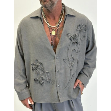 Özel Çiçek Nakış Detaylı Gömlek Gri