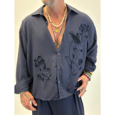 Özel Çiçek Nakış Detaylı Gömlek Lacivert