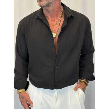 Pamuk Çizgi Desenli Gömlek Siyah