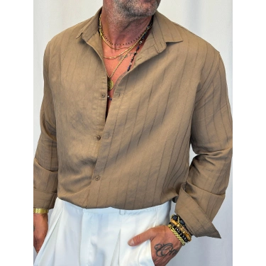 Pamuk Çizgi Desenli Gömlek Vizon