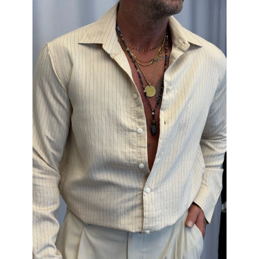 Pamuk İnce Çizgili Gömlek Bej