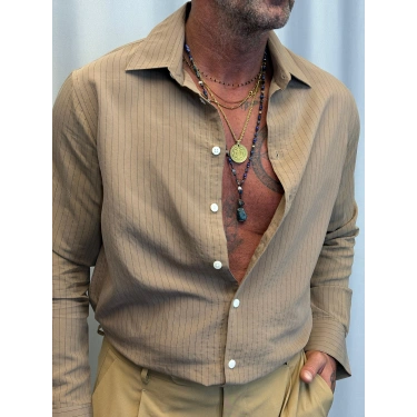 Pamuk İnce Çizgili Gömlek Vizon