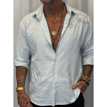 Pamuk Nakışlı Gömlek Açık Gri