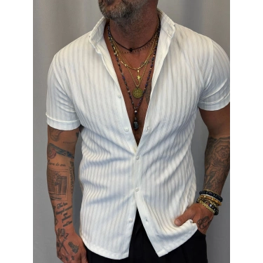 Pamuk Viskon Likralı Kendinden Çizgili Gömlek Beyaz