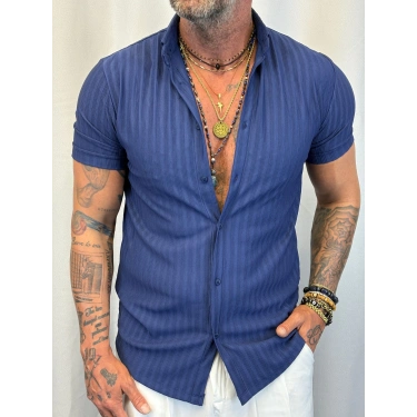 Pamuk Viskon Likralı Kendinden Çizgili Gömlek Lacivert