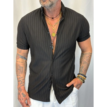 Pamuk Viskon Likralı Kendinden Çizgili Gömlek Siyah