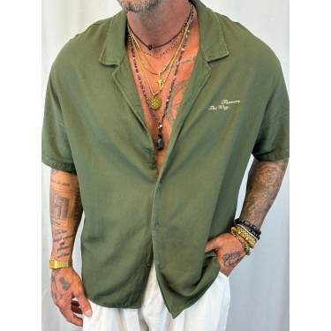 Pamuk Yıkamalı Baskılı Gömlek Haki