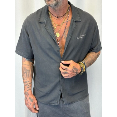 Pamuk Yıkamalı Baskılı Gömlek Siyah