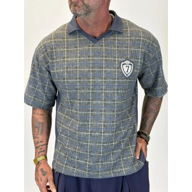 Plaid 7 V Yaka T-shirt Gri Desenli