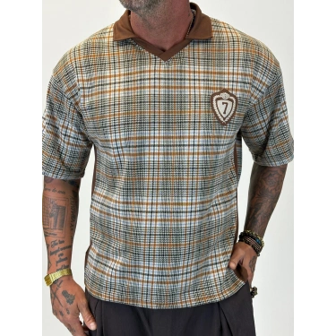 Plaid 7 V Yaka T-shirt Kahverengi Desenli