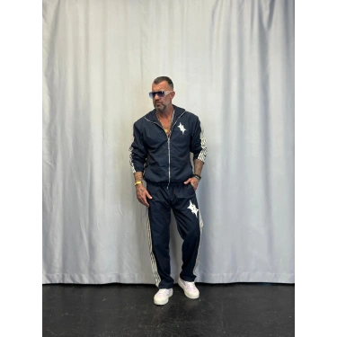 Powder Deri Nakış Detaylı Takım Lacivert