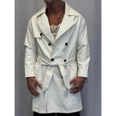 Pu Desenli Deri Trenchcoat Beyaz