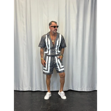 Saten Çizgili Takım Antrasit