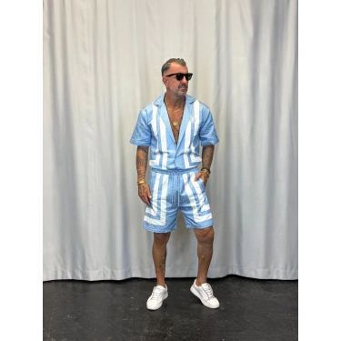 Saten Çizgili Takım Mavi