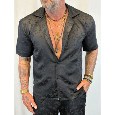 Saten Yazılı Şort Takım Siyah