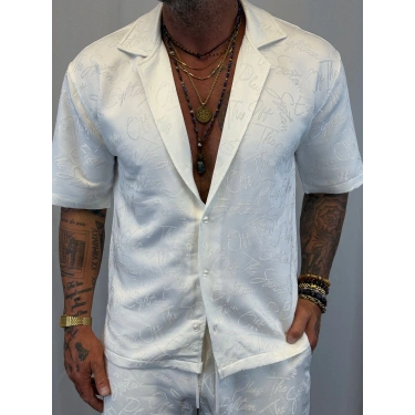 Saten Yazılı Şort Takım Beyaz