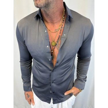 Satenli Likralı Gömlek Gri