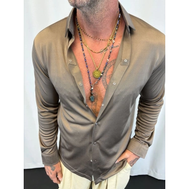 Satenli Likralı Gömlek Haki