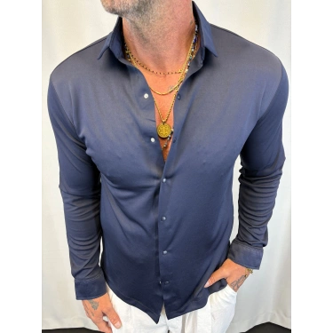 Satenli Likralı Gömlek Lacivert