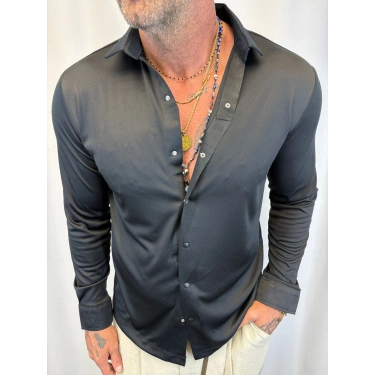 Satenli Likralı Gömlek Siyah