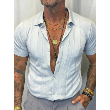 Slim Çizgili Triko Gömlek Gri