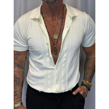 Slim Çizgili Triko Gömlek Krem