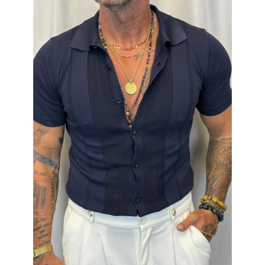 Slim Çizgili Triko Gömlek Lacivert