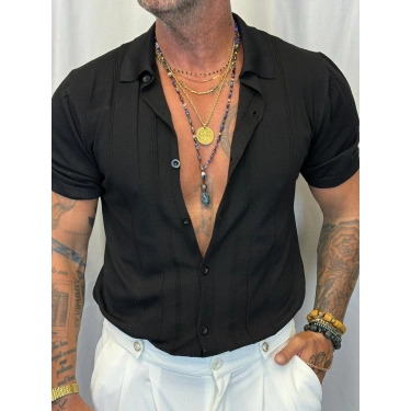 Slim Çizgili Triko Gömlek Siyah