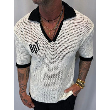 Triko Akrilik 99 V Yaka T-Shirt Beyaz - Siyah Yaka