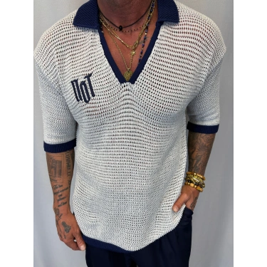 Triko Akrilik 99 V Yaka T-Shirt Beyaz - Mavi Yaka