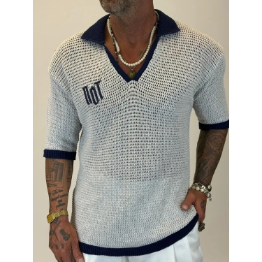 Triko Akrilik 99 V Yaka T-Shirt Beyaz - Mavi Yaka