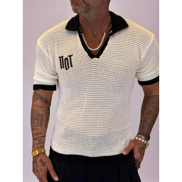 Triko Akrilik 99 V Yaka T-Shirt Beyaz - Siyah Yaka