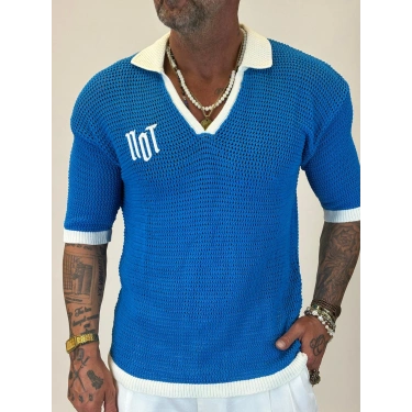 Triko Akrilik 99 V Yaka T-Shirt Mavi