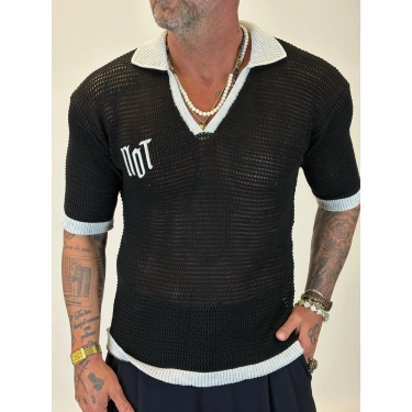 Triko Akrilik 99 V Yaka T-Shirt Siyah