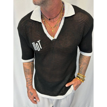 Triko Akrilik 99 V Yaka T-Shirt Siyah